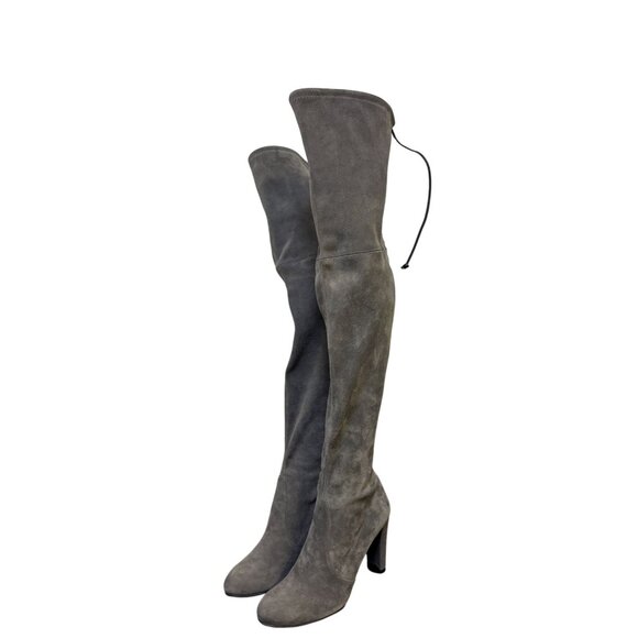Stuart Weitzman Suede Over-The-Knee Boots Grey With Block Heel & Tie Closure Siz - Picture 1 of 14